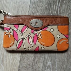 Fossil Key Per Coated Canvas Wristlet Wallet with Brown Leather Trim